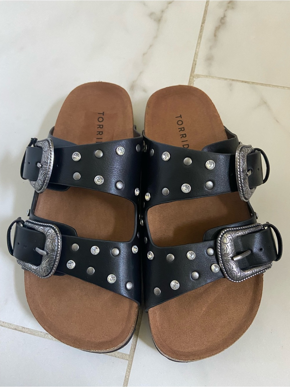 torrid Black Studded Double-Buckle Slide Sandals with Silver Accents